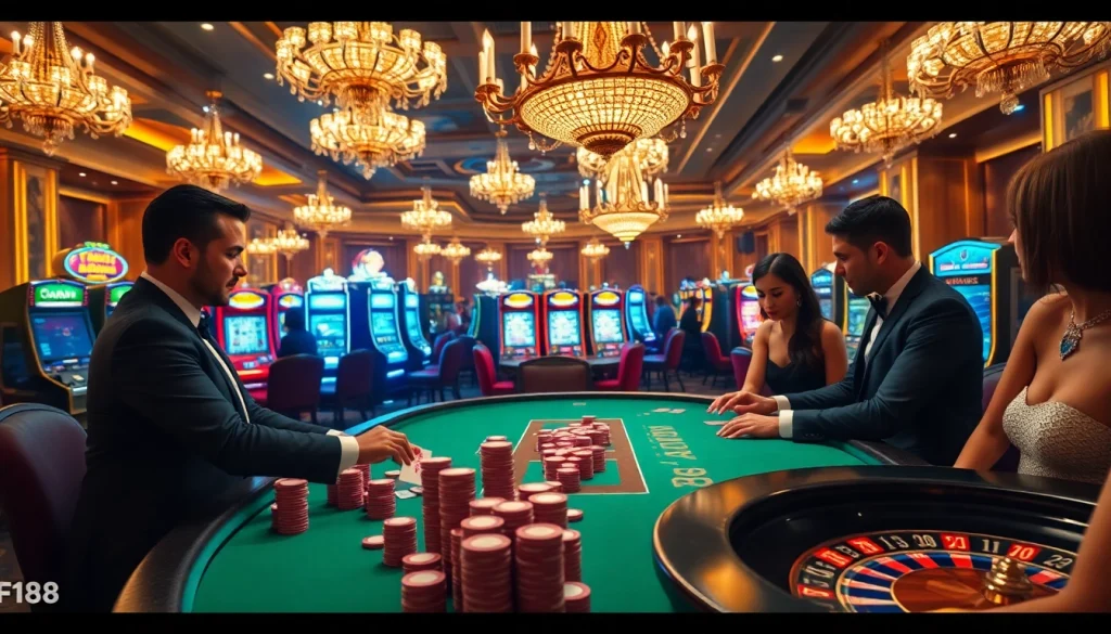 F168 casino excitement with poker players at a vibrant table in a luxurious gaming room.