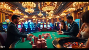 F168 casino excitement with poker players at a vibrant table in a luxurious gaming room.