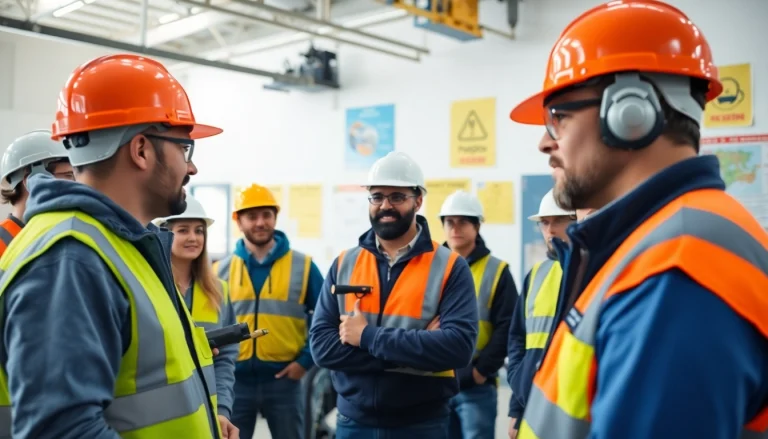 Construction safety training session with engaged workers in safety gear, promoting workplace safety.