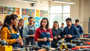 Students practicing skills at trade schools in southern California in a vibrant classroom.
