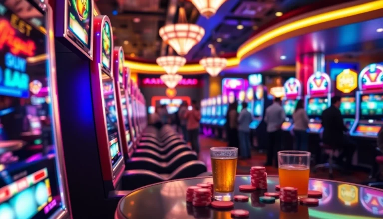 Memperlihatkan suasana kasino digital mpo1221 dengan slot machine berkilau dan penonton yang antusias.