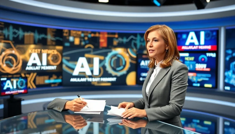 Engaging journalist reporting on ai news in a modern studio with vibrant AI graphics.