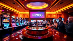Experience the thrill of FLY88 with vibrant casino games and players enjoying a dynamic atmosphere.