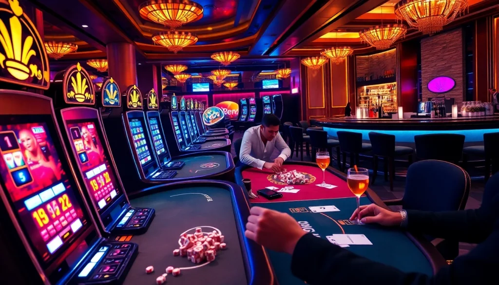 Bet88 casino scene with vibrant slot machines and engaged players at poker tables.