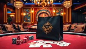 Maišėliai su spauda featured in a luxurious casino setting with poker chips and a roulette wheel.