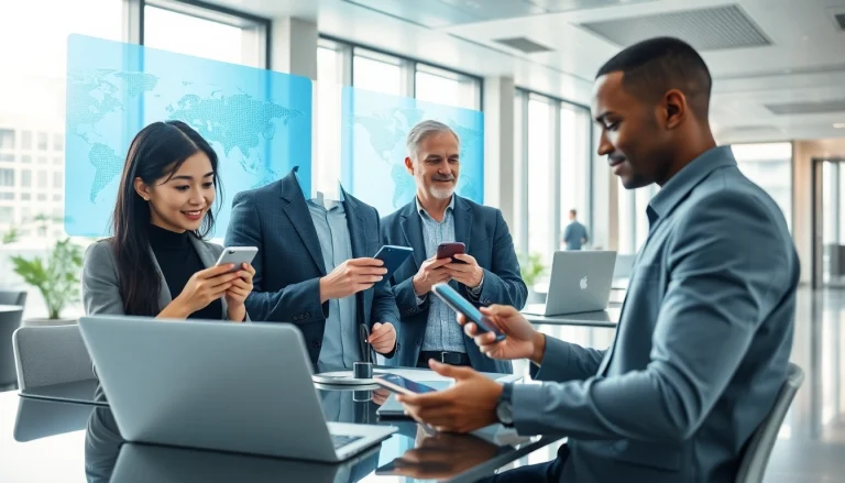 Secure and efficient office scene with professionals using 快连官网 technology for global internet connectivity.