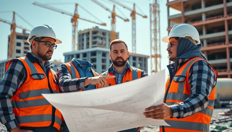 Careers in construction highlighted by workers analyzing plans on a vibrant job site.