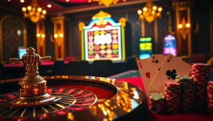 Experience exciting strategies in Hướng Dẫn 888new at a vibrant casino with roulette and poker elements.