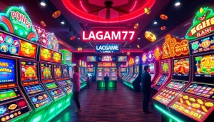 LAGAGAME77 online gaming platform featuring vibrant slot machines and dynamic graphics for an immersive experience.