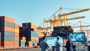 Dynamic port scene showing Sea Freight Services with cargo containers, cranes, and logistics professionals.