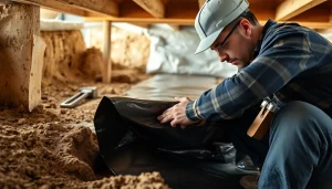Vapor Barrier Installation in a crawl space showcasing a contractor at work, ensuring moisture protection.