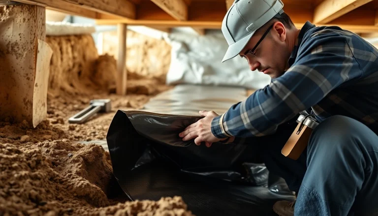 Vapor Barrier Installation in a crawl space showcasing a contractor at work, ensuring moisture protection.