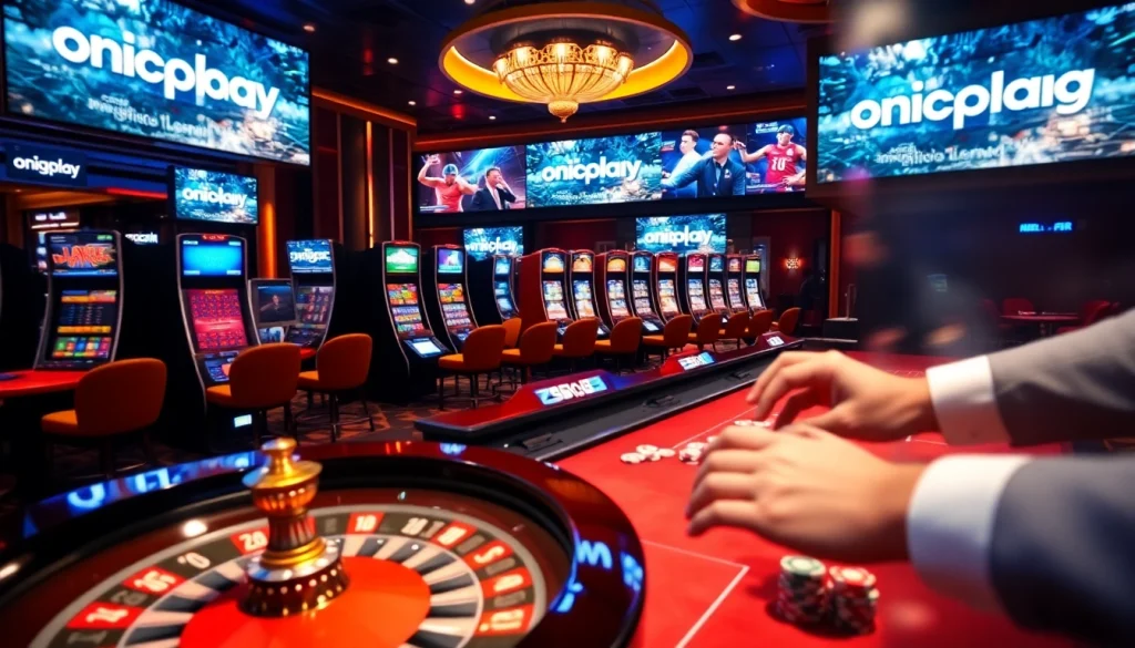 Exciting gameplay featuring onicplay logo at a vibrant casino table with poker chips and slot machines.