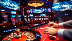 Exciting gameplay featuring onicplay logo at a vibrant casino table with poker chips and slot machines.