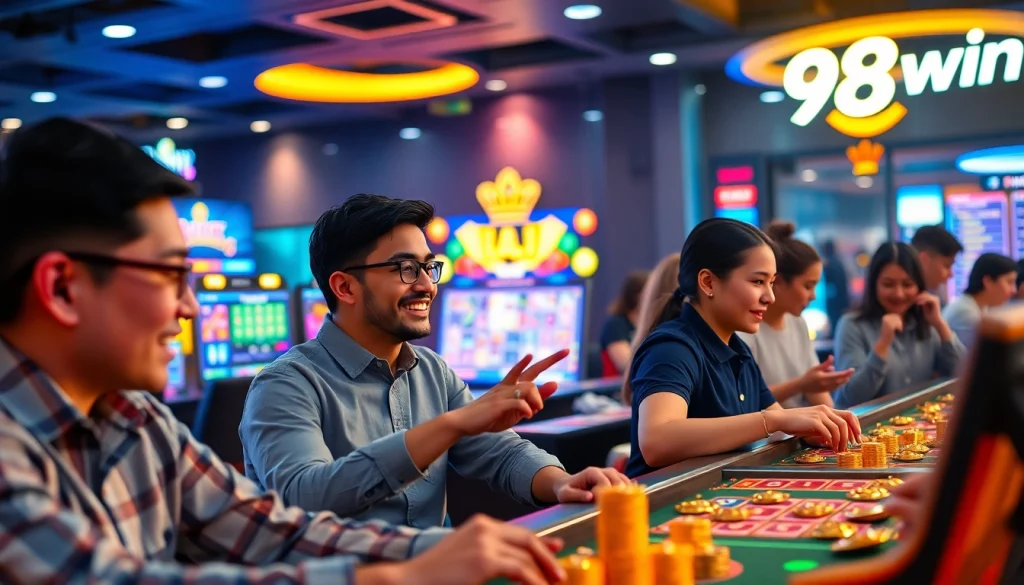 Players enjoying thrilling games at 98win online casino with vibrant screens and engaging atmosphere.