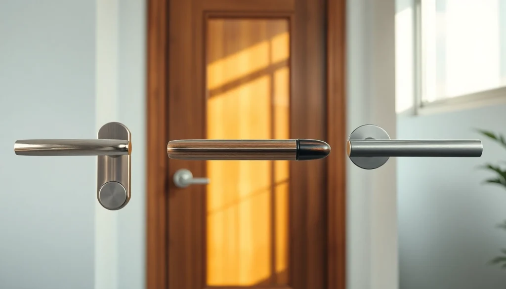 Display of modern door handles from Door Handle Company featuring various styles and finishes.