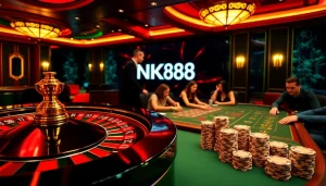 Engaging players at NK88 online casino, showcasing roulette and poker tables with vibrant ambiance.