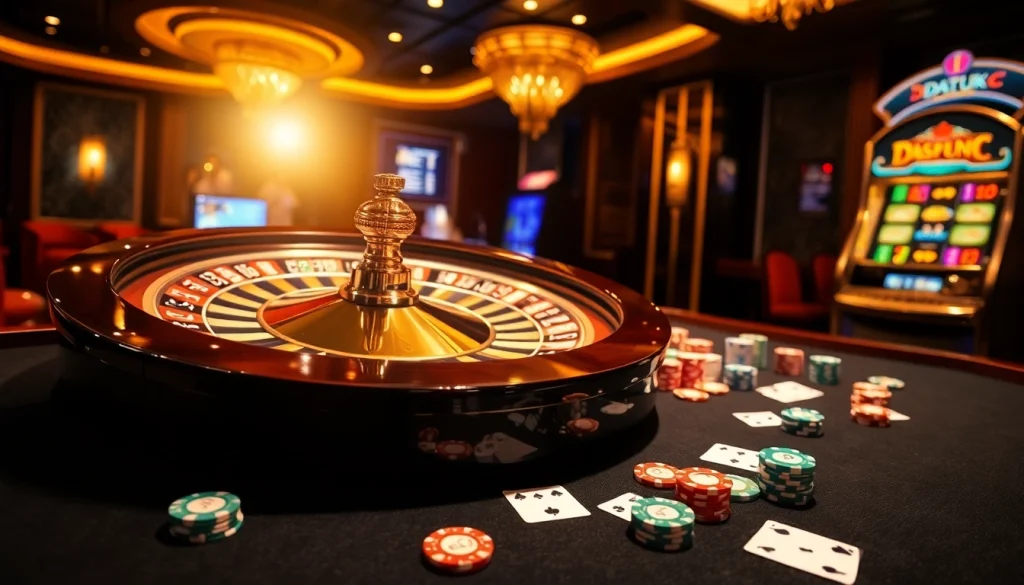 Rasakan sensasi Datuk Win saat chip kasino berwarna-warni dan kartu mengelilingi roda roulette yang cerah.