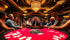 Experience high-stakes excitement at the layarkaca21 themed poker table in a luxurious casino setting.