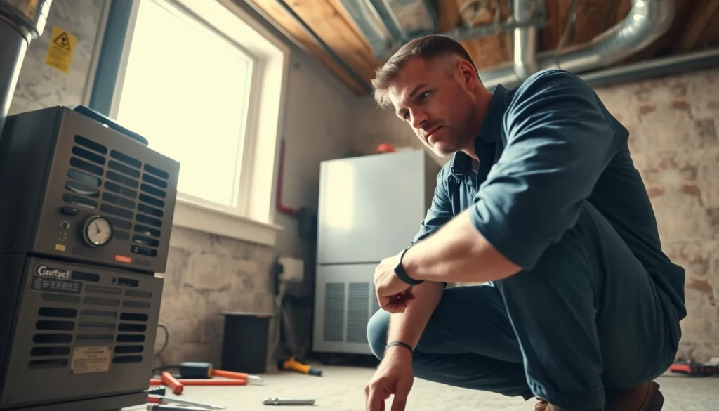 Technician handles heating repair in Patterson NY, showcasing expert maintenance and a clean workspace.