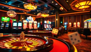 Players enjoying games at https://xoixoai.com/ with poker chips and a roulette wheel in a luxurious casino setting.