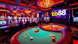 Experience co88 excitement at a vibrant casino table with poker chips and cards.