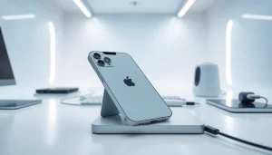 Presentación del iPhone SE 4 en un entorno moderno con un diseño elegante y tecnología avanzada.
