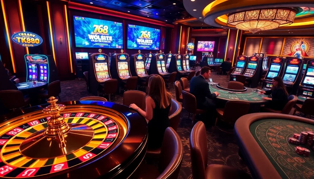 Experience the exhilarating gaming atmosphere at TK88 casino with vibrant tables and lights.