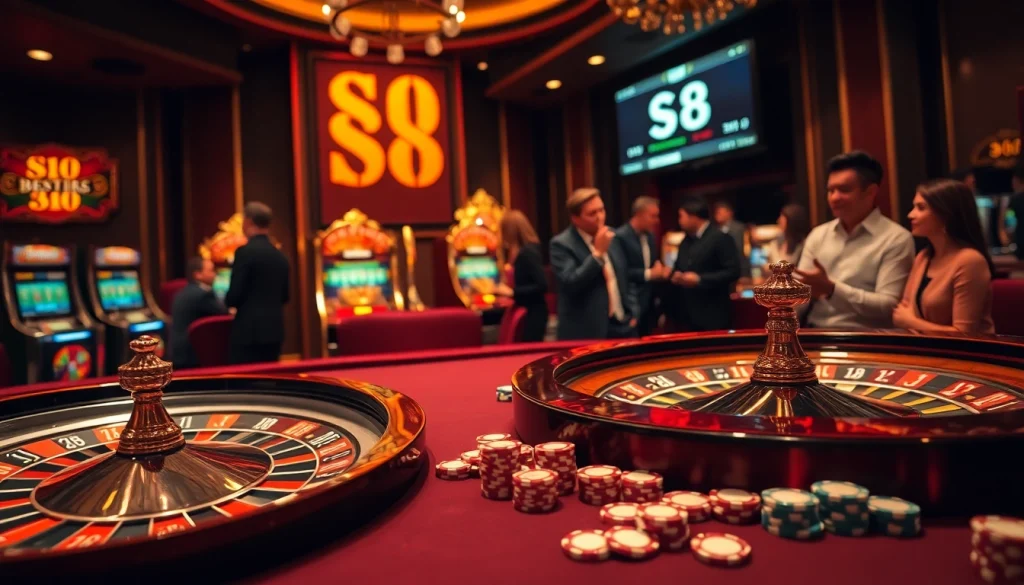 Exciting casino table scene with S8 poker chips and roulette wheel, showcasing gambling strategy.