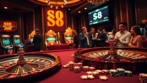 Exciting casino table scene with S8 poker chips and roulette wheel, showcasing gambling strategy.