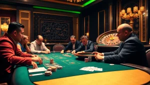 Engaged players analyzing tỷ lệ kèo at a high-stakes poker table in an upscale casino.