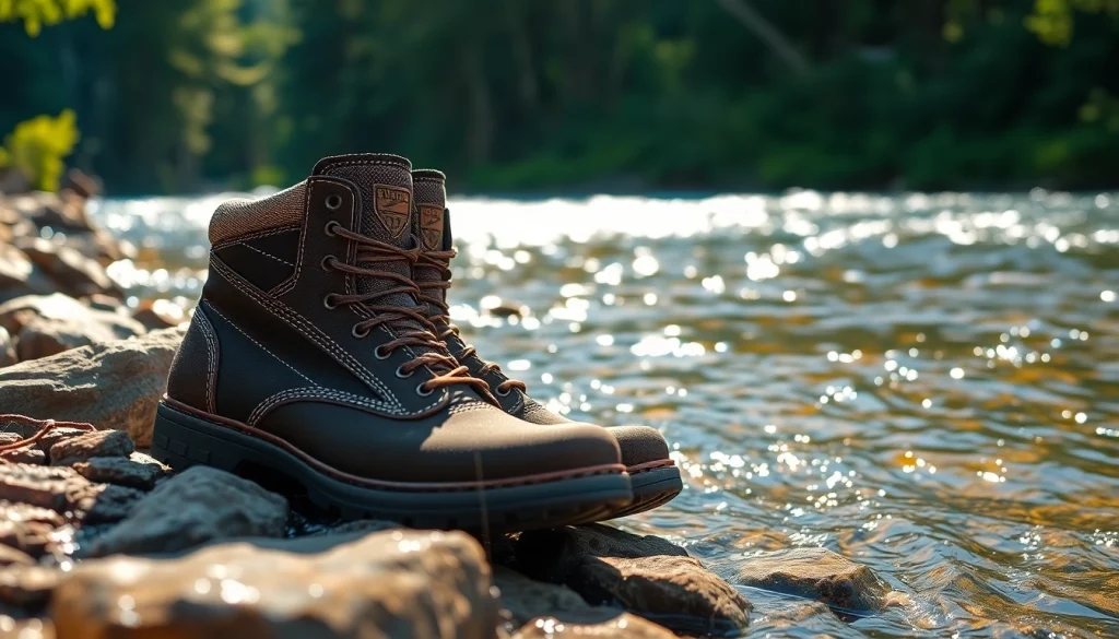 Secure Fly fishing boots placed on a rocky riverbank with flowing water, emphasizing functionality.