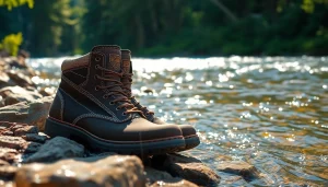 Secure Fly fishing boots placed on a rocky riverbank with flowing water, emphasizing functionality.