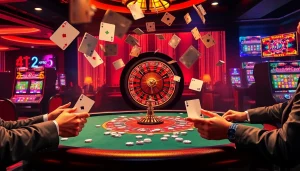 Experience thrilling gameplay at KP88's luxurious poker table amidst vibrant casino atmosphere.