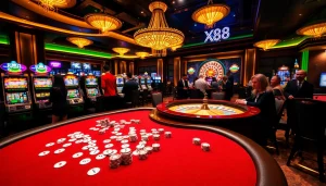 Experience the thrill of winning at X88 CASINO with a vibrant poker table and glowing slot machines.