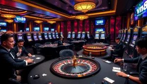 Players strategizing at a luxurious poker table at vn89 casino, showcasing excitement and professionalism.
