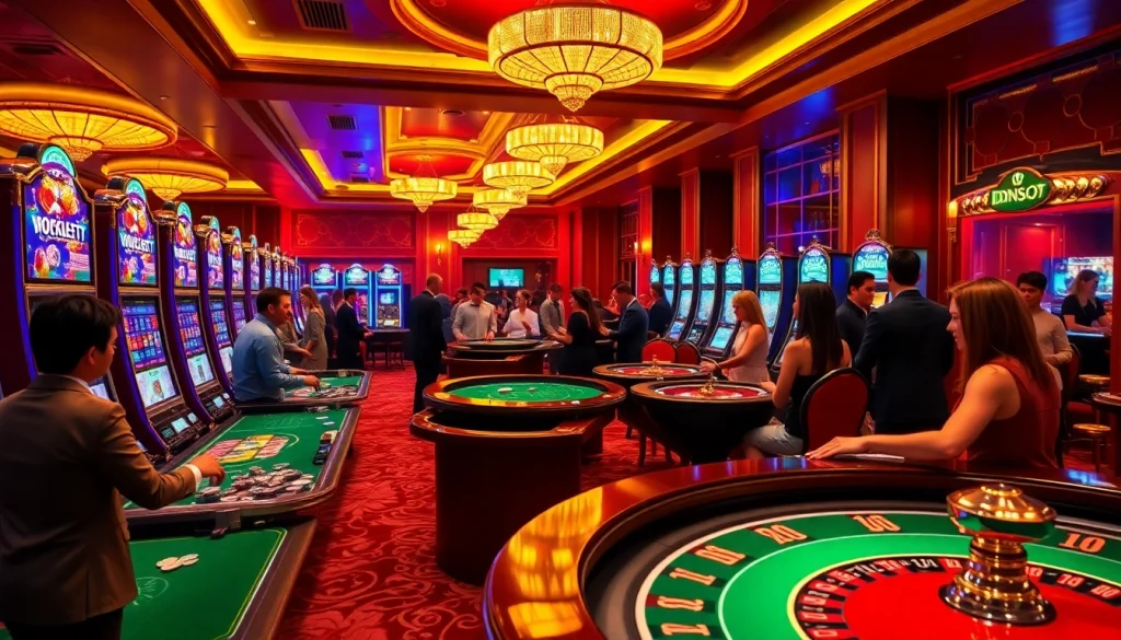 IDNSlot gaming enthusiasts enjoying an exciting casino night with vibrant slot machines.