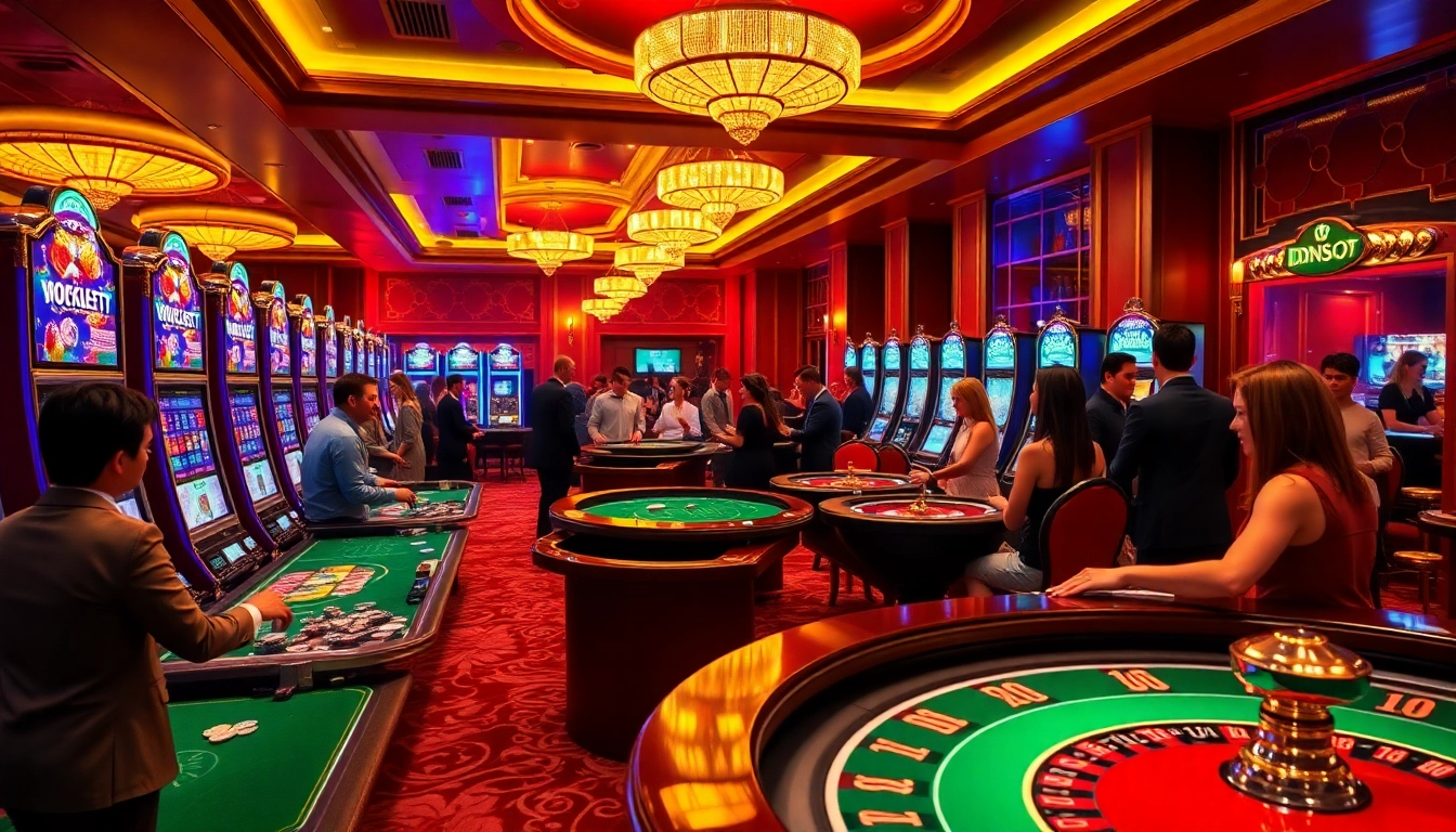 IDNSlot gaming enthusiasts enjoying an exciting casino night with vibrant slot machines.