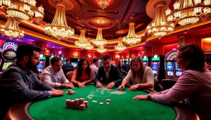 SODO Casino players enjoying an intense poker game with vibrant decor and excitement in the atmosphere.
