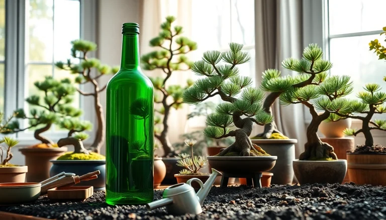 Bonsai trees in various styles with a green bottle BOTOL169, gardening tools, and natural lighting.