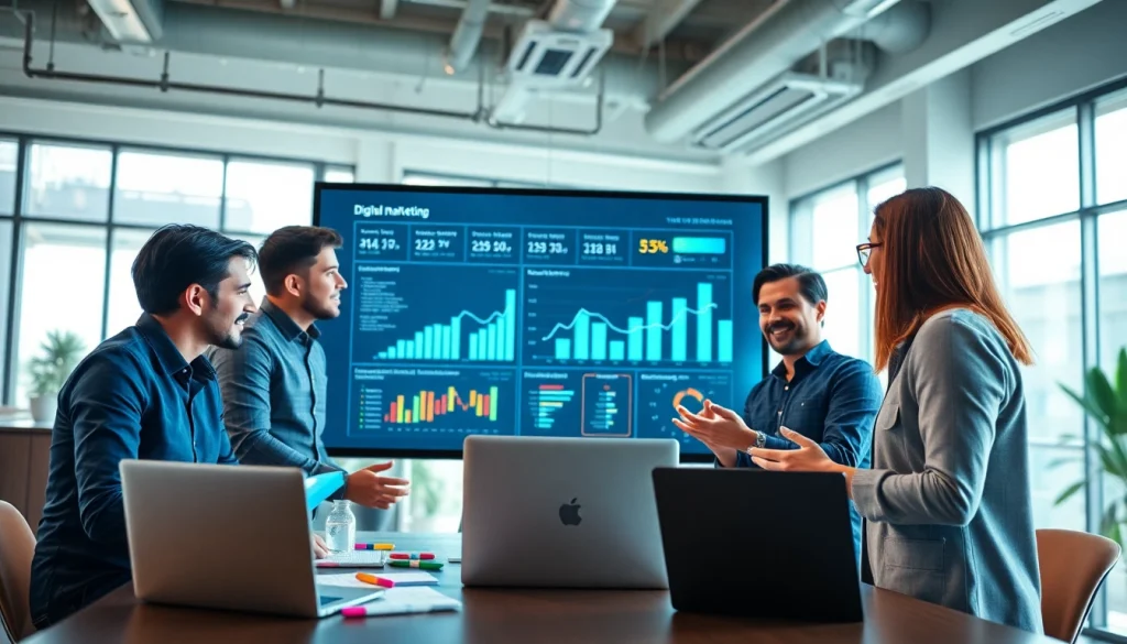 Dynamic digital marketing team collaborating in a modern office environment, showcasing teamwork and creativity.