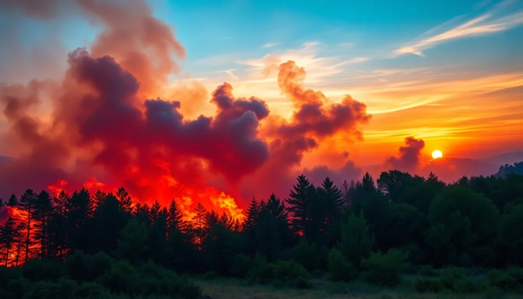 Captivating portrayal of wildfire events with responders battling raging flames during a dramatic sunset.