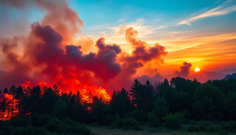 Captivating portrayal of wildfire events with responders battling raging flames during a dramatic sunset.