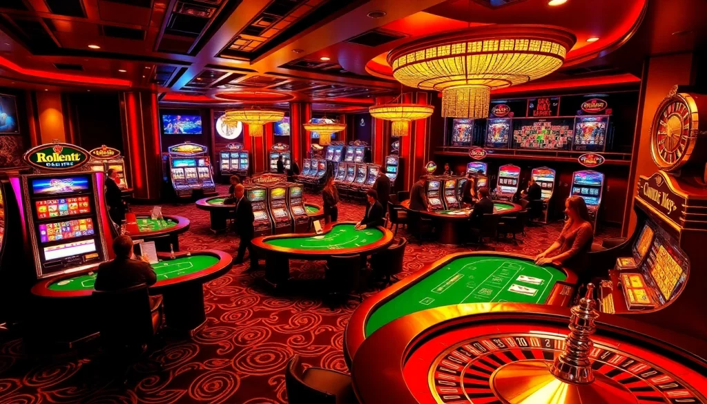 Engaged players enjoying excitement at a vik vip casino with vibrant slot machines and poker tables.