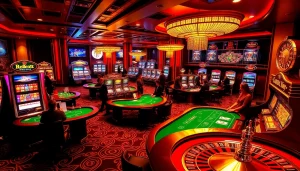 Engaged players enjoying excitement at a vik vip casino with vibrant slot machines and poker tables.