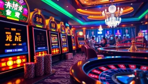 Exciting casino scene showcasing nổ hũ slot machines, vibrant poker tables, and winning thrill for players.