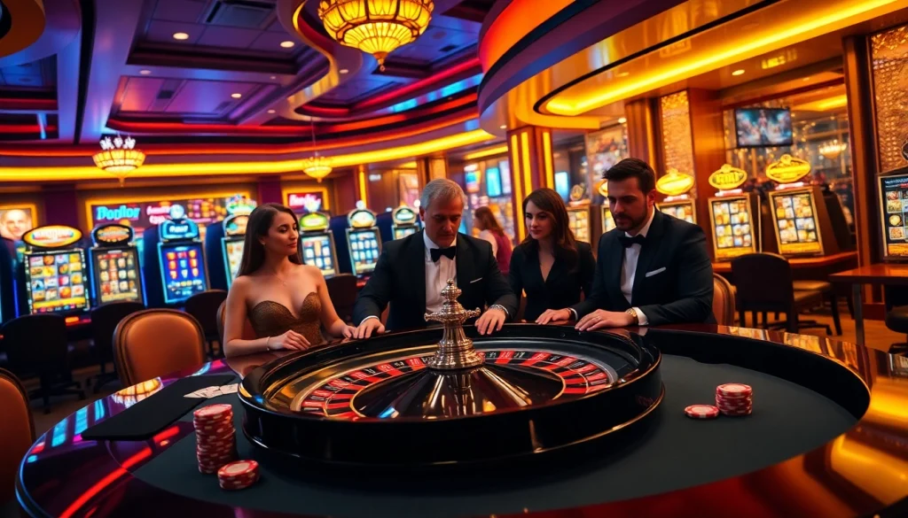 Exciting casino moment at https://kuwin.ac/ with players enjoying roulette and slot machines.