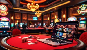 A vibrant casino scene featuring poker games and slot machines at https://uu88ae.com/ showcasing thrilling gambling action.