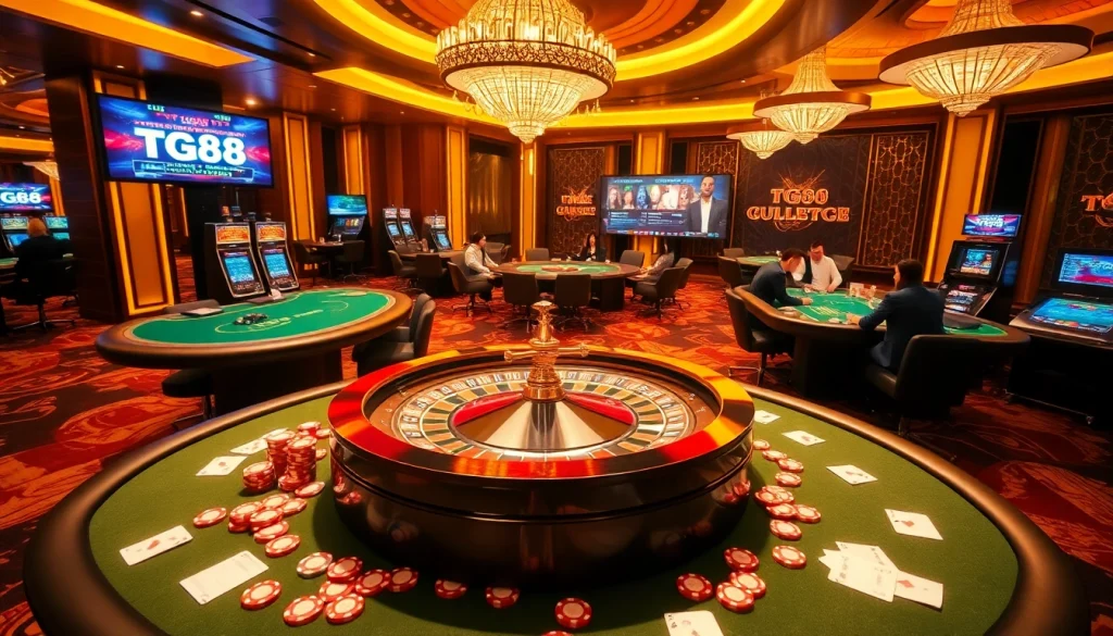 Experience thrilling games at TG88 casino, surrounded by vibrant roulette wheels and poker action.