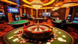 Experience thrilling games at TG88 casino, surrounded by vibrant roulette wheels and poker action.